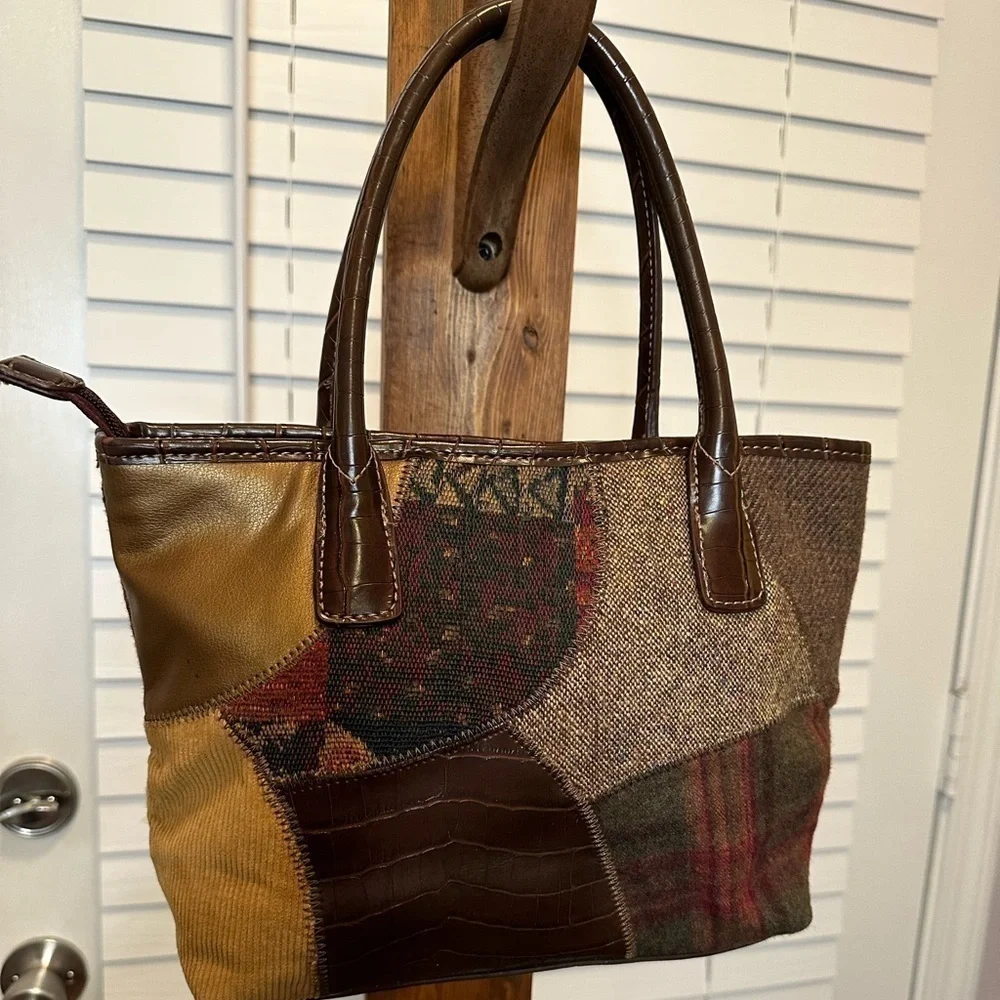 Womens Patchwork Handbag Small Corduroy Plaid Faux Leather Hobo Boho Zip Pockets